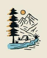 Hand drawing of camping in near river under the mountains design vector