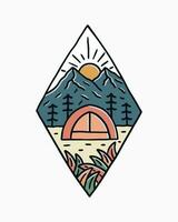 Camping nature outdoor under the mountains and the sunrise design for badge, sticker, t shirt art and other vector