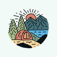 camping on the nature mono line design for badge, sticker, patch, t shirt design, etc vector