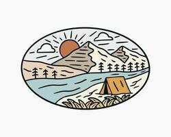 Hand drawing of camping in near river under the mountains design vector