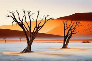 Dead Camelthorn Trees at sunrise,watercolor oil painting effect. photo