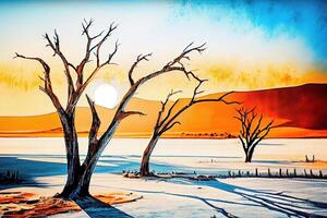 Dried trees in Namib desert. Landscape photography. photo