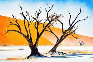 Dried trees in Namib desert. Landscape photography. photo