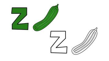 Cartoon zucchini and letter z coloring book vector illustration for children