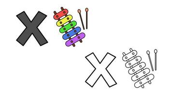 Cartoon xylophone and letter x coloring book vector illustration for children