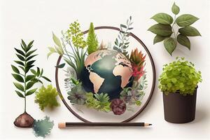 Top view frame with plants and notebook. photo