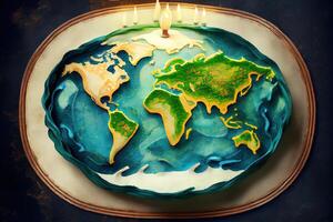 a cake decorated as a world map with candles for the International Mother Earth Day. photo