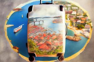 Top view world tourism with luggage. photo