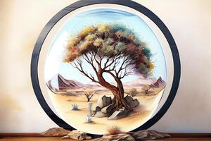 a grassy globe with trees over a barren landscape. photo