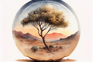Tree in globe against a desert scene. photo