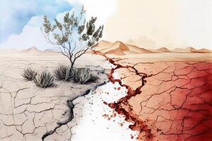 Climate change with dry soil, watercolor oil painting effect. photo