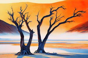Dried trees in Namib desert. Landscape photography. photo
