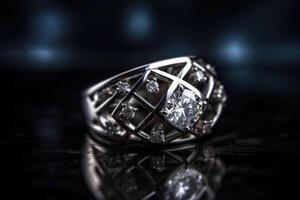 cerca arriba diamante anillo joyas. un diamante compromiso anillo. generativo ai foto