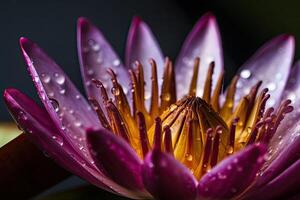 A waterlily or lotus flower with drops on its petals float in the pond. Generative AI photo