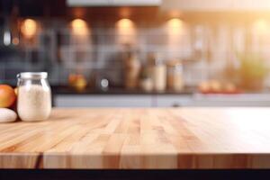 Empty wooden tabletop with blurred kitchen background. photo