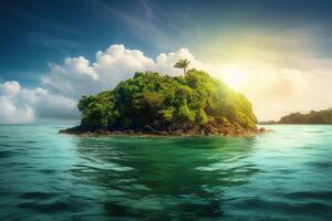 un tropical isla en el medio de el océano. palma arboles y playa en el isla. generativo ai foto