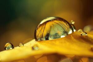 Transparent drop of water on a leaf. Drops of dew in the morning glow in the sun. photo