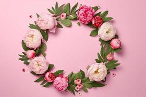 Floral round frame, wreath made of a lot of peonies flower buds and green leaves. photo