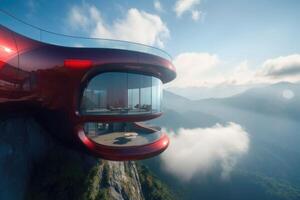 Futuristic cantilever circular arc shaped house in the mountains. Steel fluid geometry photo