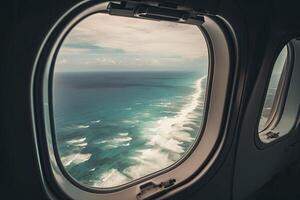View of the beach and sea the airplane window. Travel and tourism concept. photo