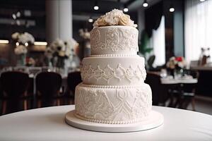 The ornate wedding cake with flowers and berries in modern interior. photo