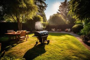 Outdoor dining table and barbeque grill in the back yard of a house. photo