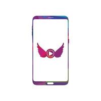 Smart phone logo design. mobile vector illustration with wings and play button icon.