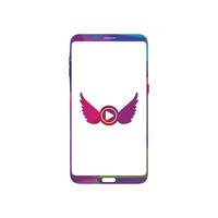 Smart phone logo design. mobile vector illustration with wings and play button icon.