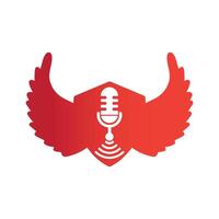 Wi-Fi Podcast microphone Icon with bird wings inside of shield shape vector Design.