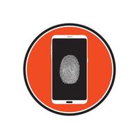 Smart phone logo design. mobile vector illustration with fingerprint and inside orange circle shape icon .