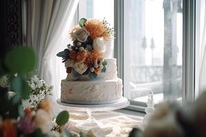 The ornate wedding cake with flowers and berries in modern interior. photo