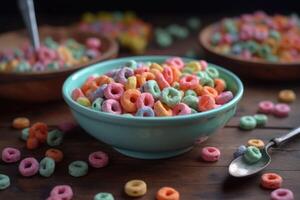 pastel de colores froot bucles con pequeño cuchara. delicioso Fruta cereal anillos generativo ai foto