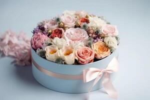 flores en redondo lujo presente caja en pastel antecedentes. generativo ai foto