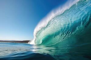 Beautiful deep blue tube wave in the ocean. Generative AI photo