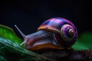 A slow grape snail crawls in the forest. Bokeh in the background. photo