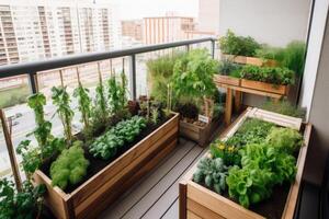 A vegetable and herb garden on a metropolitan apartment balcony with plants growing up the sides. photo