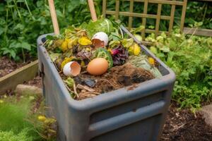 Compost bin with food scraps and grass cuttings. photo