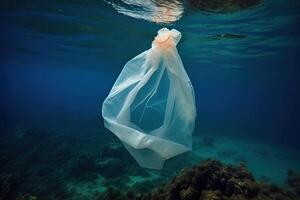 Plastic waste underwater, a plastic bag in the sea. Pollution concept. photo