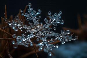 de cerca macro Disparo de un transparente copo de nieve. generativo ai foto