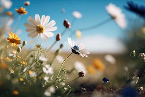 Flower meadow under a summer sky in color field. illustration photo