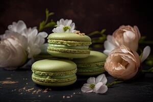 Traditional french cookie macaron with pistachio flavor. Small French cakes. Sweet green french macarons. Generative AI photo