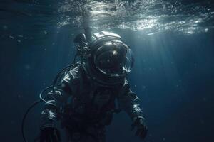 An astronaut is floating in the ocean. Spaceman in the underwater. photo