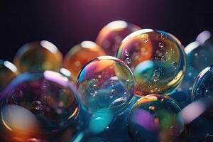 cerca arriba vistoso jabón burbujas en un borroso antecedentes. vistoso jabón burbujas modelo. generativo ai foto