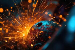 A macro close up of a gas arc welder with sparks of light flying in the air. photo