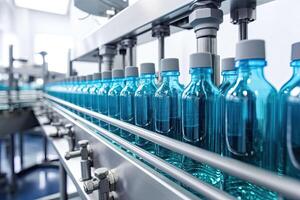 Pharmaceutical manufacture background with glass bottles on automatic conveyor line. Generative AI photo