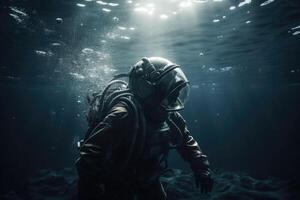 An astronaut is floating in the ocean. Spaceman in the underwater. photo