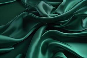 Abstract green smooth silk background. Satin elegant luxury fabric. Beautiful soft folds on the surface of the fabric. photo