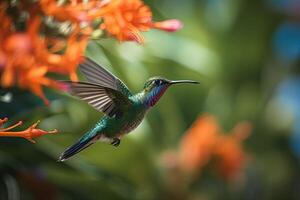 Colored tropical bird and surreal flowers. The hummingbird flies near to flower. photo