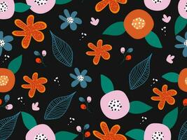 Seamless Colorful Flowers with Leaves Decorated Background. vector