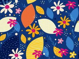 Seamless Colorful Flowers and Leaves Decorated on Blue Background. vector